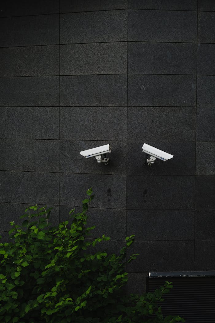 About Two security cameras mounted on a dark tiled wall, symbolizing protection and surveillance.